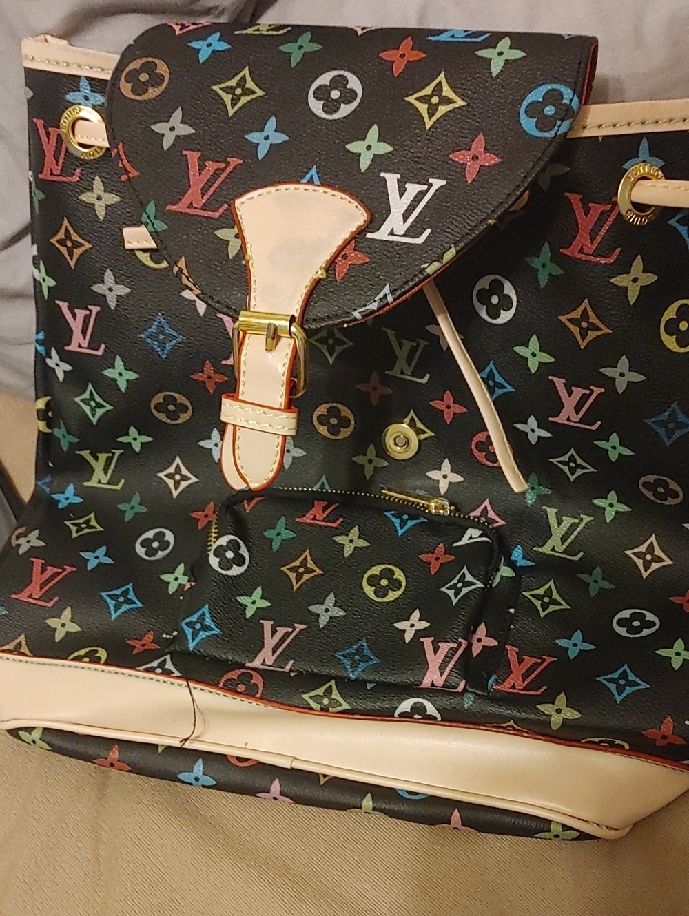 Louis Vuitton Multicolor Monogram Black Canvas Leather Trim Drawstring Backpack
